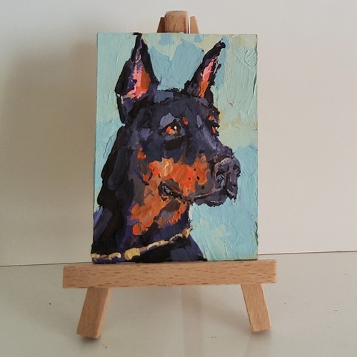 ACEO Original Painting Dog Doberman Pet Portrait Animal Gouache Modern Artwork - Picture 8 of 11