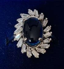 Vintage Platinum Tone Ring Blue Cabouchon and Tapered Baguette Stones Size N