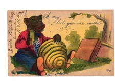 1907 Comic Postcard Bear in Red Jacket Beehive Oh My But You Are Sweet