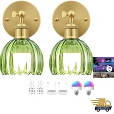 Elegant Vintage Battery Operated Wall Sconce Set of 2 with Green Glass Shade
