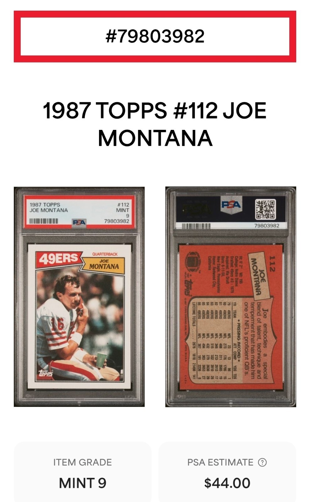 🏈 Joe MONTANA PSA 9 Mint 1987 Topps #112 view 3