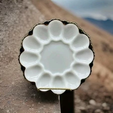 Anchor Hocking Milk Glass Deviled Egg Plate Gold Rim Scalloped Edge 12 Well VTG
