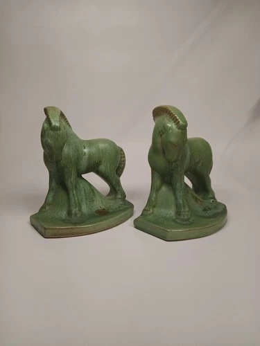 2 Vintage Early Frankoma Ada Clay Horse Charger Bookends Prairie Green 6.5" Tall