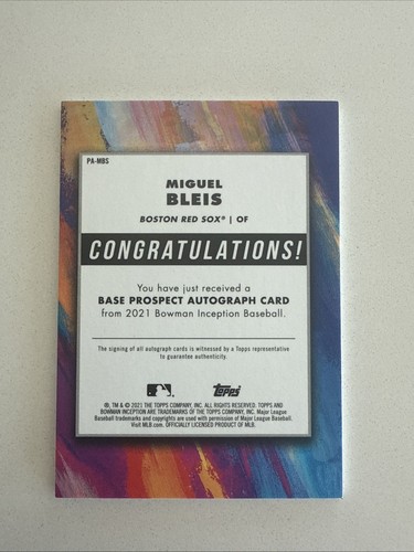 Miguel Bleis On-Card Purple Auto 43/200 - 2021 Bowman Inception - Boston Red Sox - Picture 2 of 3