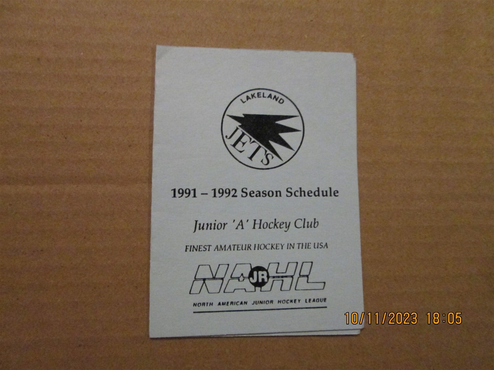 NAHL Lakeland Jets Vintage Circa 1991-1992 Team Logo Hockey Pocket Schedule