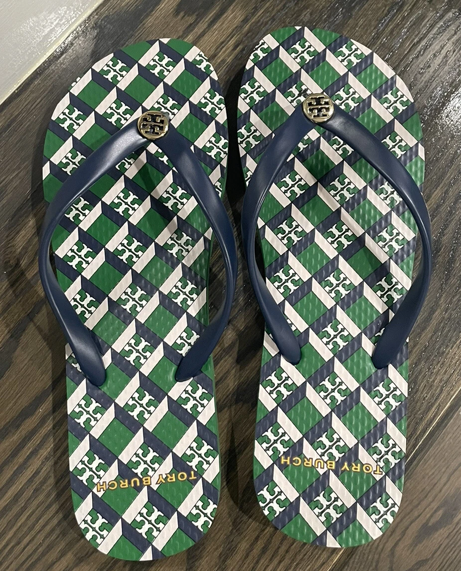 NWT Tory Burch Thin Logo Flip Flops Green Sandals Size 7 eBay