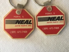 Pair Neal Auto Parts Inc Peoria IL Rubber Keychains, Vintage Illinois Key Ring