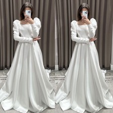 Elegant Wedding Dresses Long Sleeves Square Neck Sweep Train Satin Bridal Gowns
