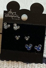 Disney Mickey MOUSE EARRINGS Kids Rhinestone Studs 3Prs Graduated Sizes BLUE
