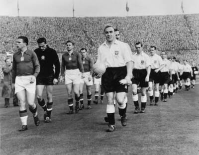 Two teams are led onto the pitch by their captains Ferenc Puskas 1950s Old Photo