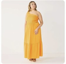 Nine West Maxi Dress 1X Women Plus One-Shoulder Smocked Tiered Yellow Sleeveless