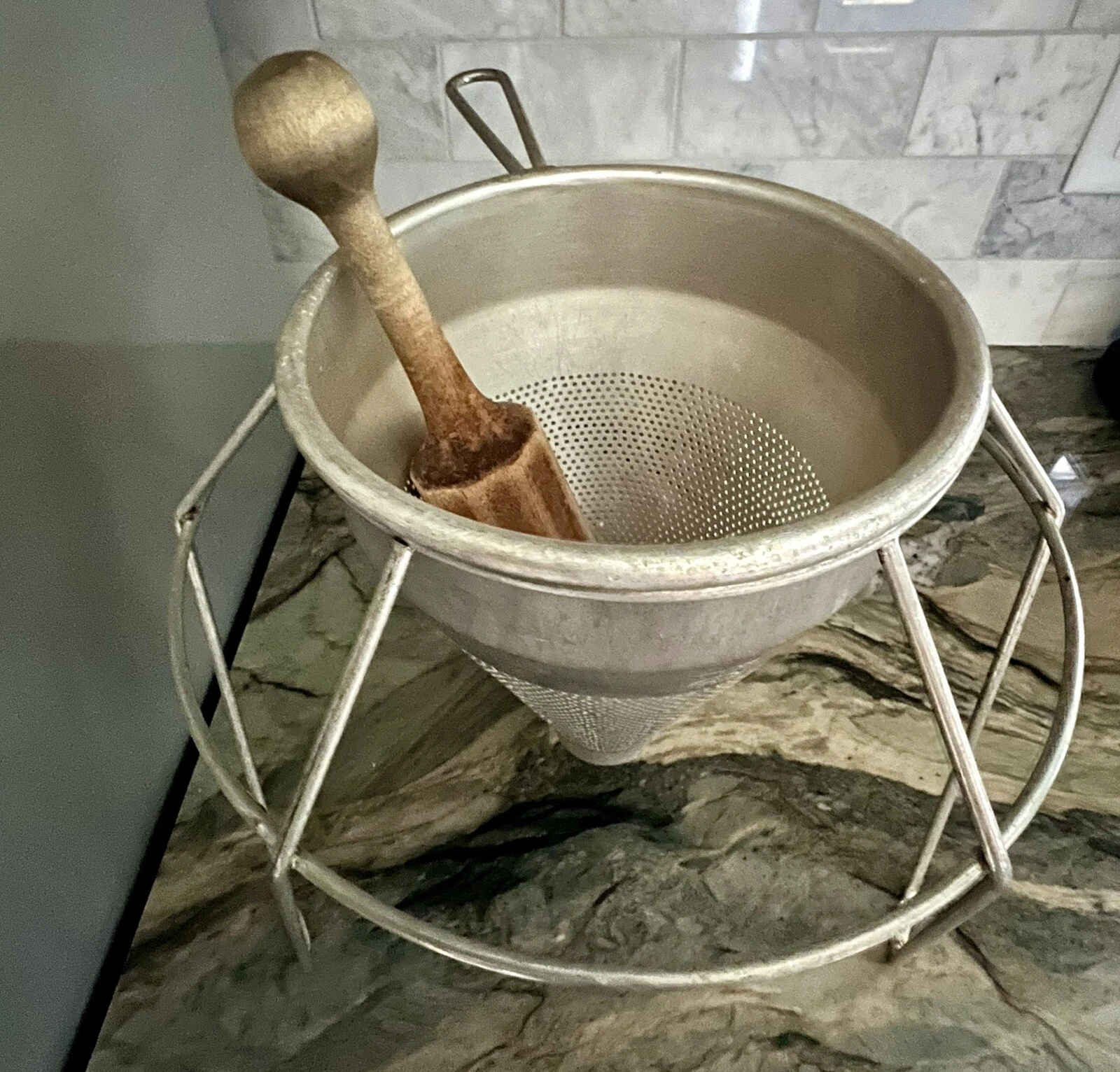 Vintage Aluminum Strainer Colander with Stand & Wooden Mallet Farmhouse
Opens in a new window or tab
