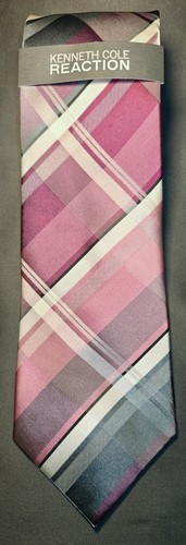 Kenneth Cole Reaction Mens Necktie Pink Gray Stripe 100% Silk Tie NWT
