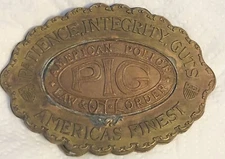 VINTAGE MONTAUK SILVER CO Patience Integrity Guts PIG Belt Buckle BRASS COPPER