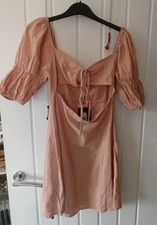 PRETTY LITTLE THING stone woven tie detail puff sleeve shift dress Size 8