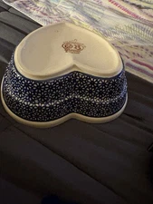 Boleslawiec Polish Pottery 8.5” Heart Serving Bowl Dish Blue Floral Handmade