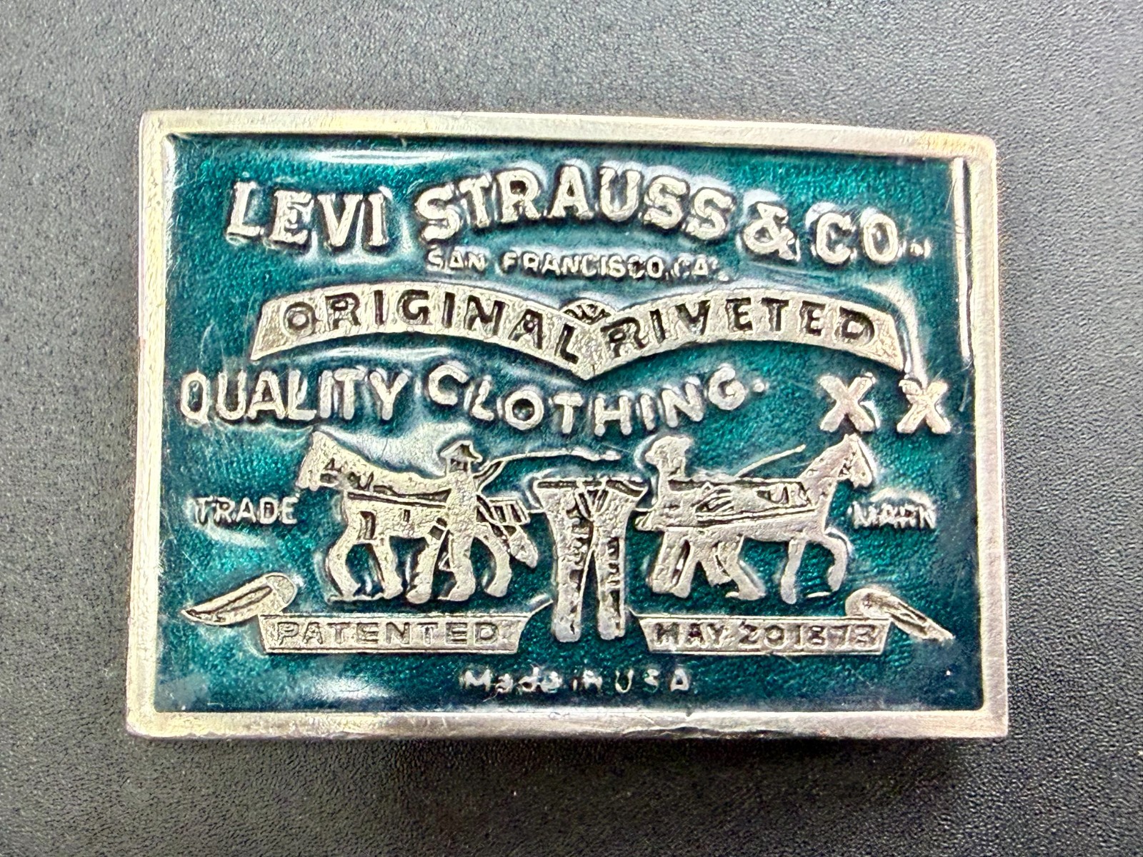 Levi Strauss Co Label Original Riveted Promo Vintage Green Enameled Belt Buckle  thumbnail 15