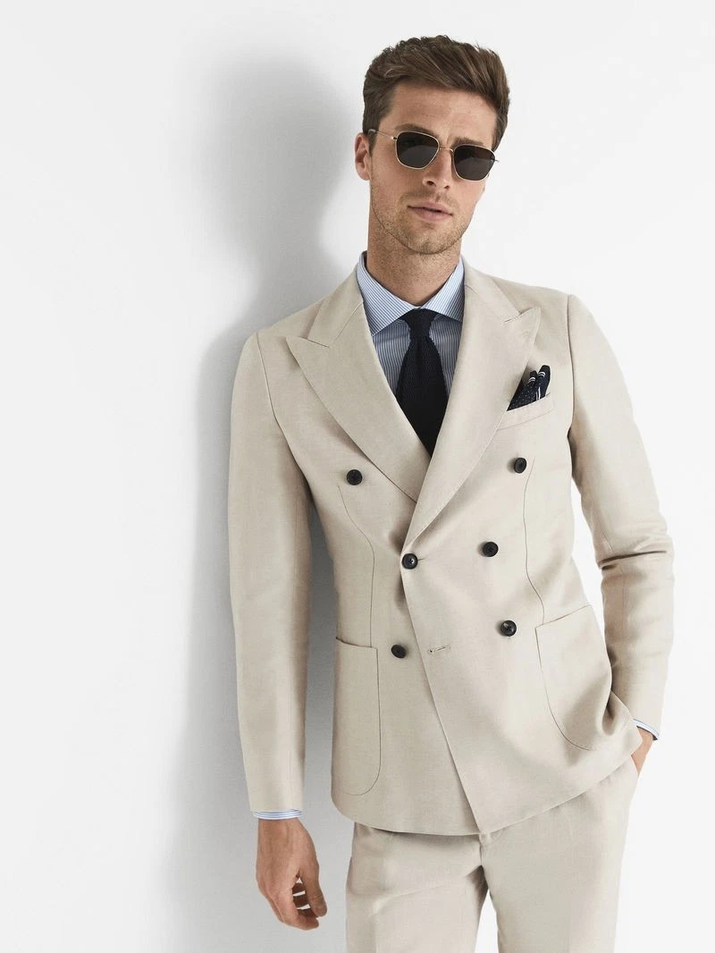 REISS Fawn Double Breasted Herringbone Blazer Jacket in Stone UK Size 38 "
