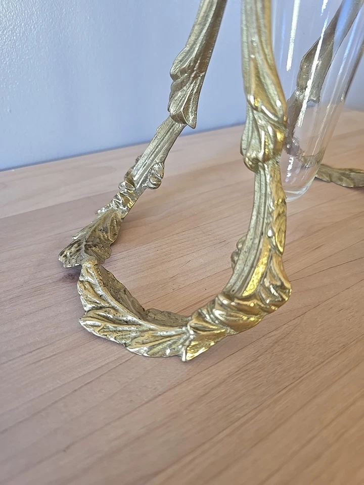 Bombay Co Empergne Floating Glass Flower Vase Ornate Brass Gold Stand Leaf 1990 - Image 3 of 4