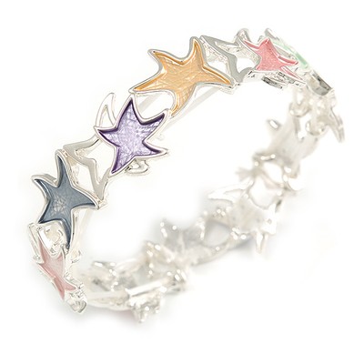 Pastellfarbenes Emaille Seestern Flex Armband in Silberfarben - 20 cm lang