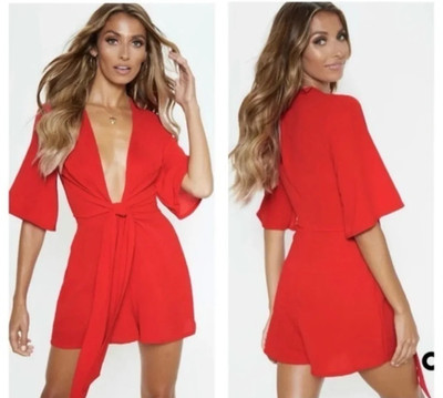 Prettylittlething Romper 4 Red Tie Front Playsuit Plunging Short Sleeve