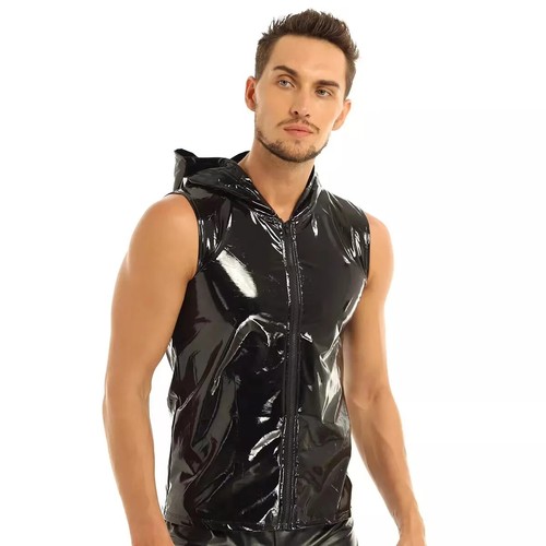 S-7XL Plus Size Mens Shiny PVC Leather Hoodies Shirts Sleeveless Wetlook Latex T - Picture 13 of 17