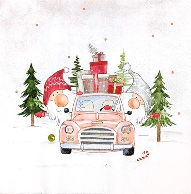 U132# 3 x Single Paper Napkins For Decoupage Two Christmas Santa Gnome In Car