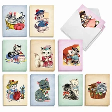20 Assorted Blank Note Cards w/ Envelopes (10 Designs, 2 Each) Vintage Cats