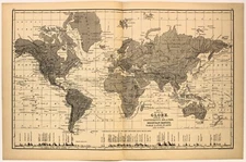"MAP OF THE GLOBE" CONTINENTS Antique authentic Mitchell's World map 1876