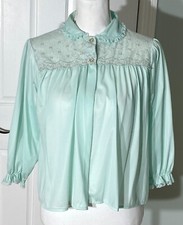 Vintage PML Philmaid Blue Bed Jacket Soft Nylon Lace Trim Blue size 32 34 M/L