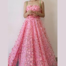Spring Pink Flower Spaghetti Strap Party Dress Girl  s Tulle Slit Long Prom Dress