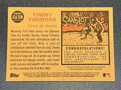 Victor Di Maltia como Timmy Timmons 2018 Topps Archives SP Auto The Sandlot - Imagen 2 de 2