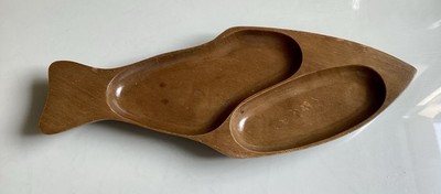 Vintage Taverneau handgeschnitzte Teakholz zwei Fächer Servierschale 60er Jahre MCM