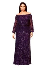Xscape Women Purple Sequin Off The Shoulder Side Slit Gown Plus Size 16W $299