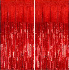 2 Pack Foil Curtain Backdrop Red Metallic Tinsel Foil Fringe Curtains Photo Boot