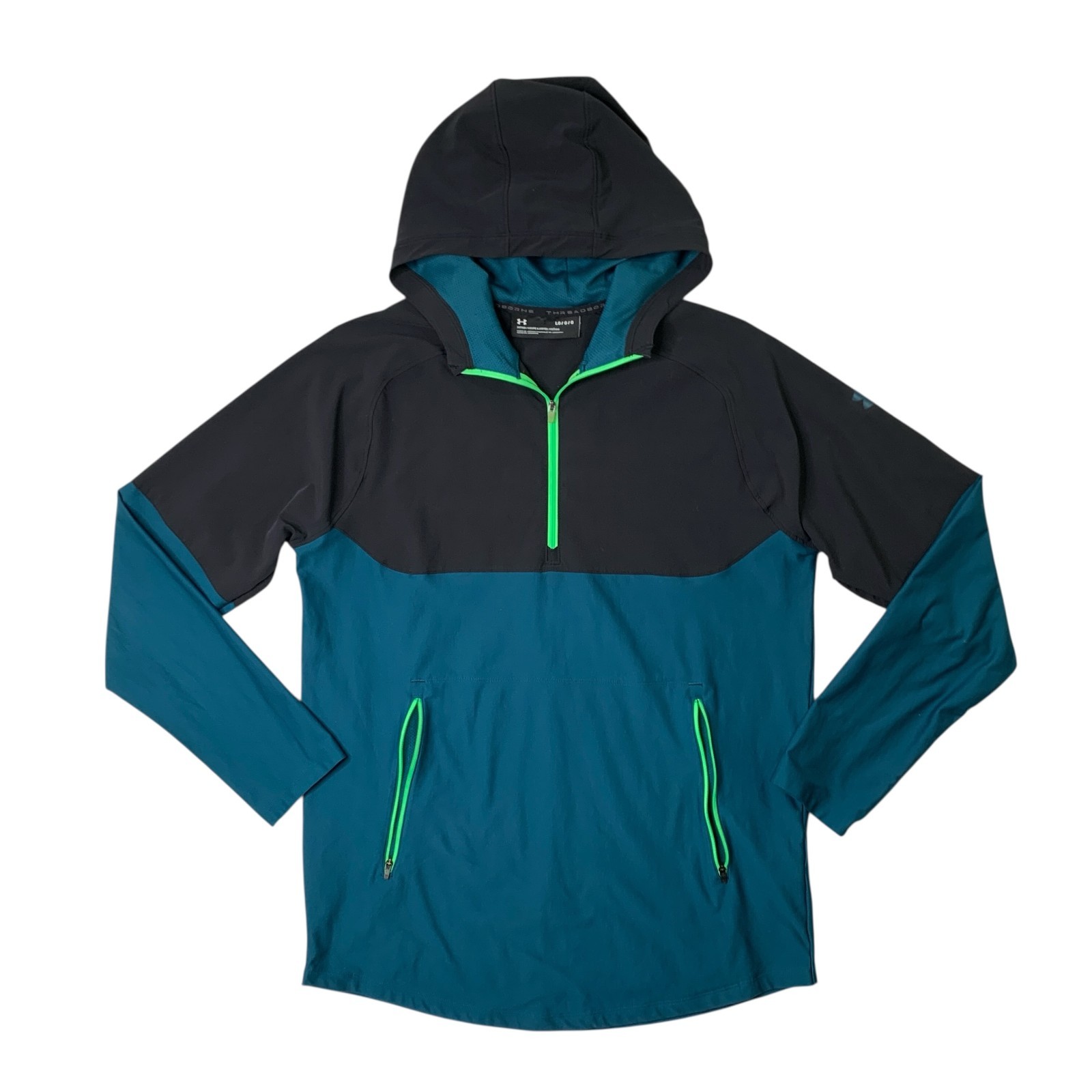 Under Armour Hoodie Mens L Large Fitted Black Teal Threadborne Vanish Popover