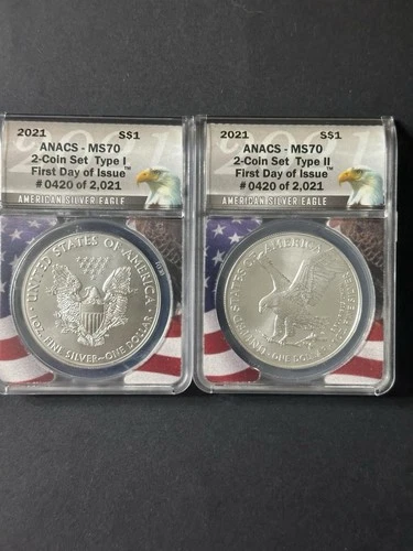 2021 MS 70 First Day Issue ANACS 2 Coin Set American Silver Eagle Type I & II