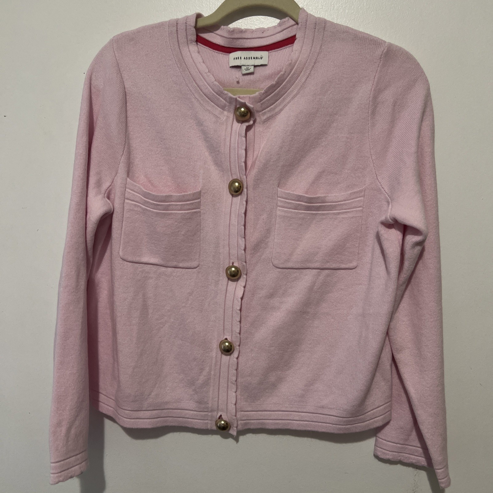Light Pink Cropped Cardigan Sweater Size M Long Sleeve Pockets Cotton Blend Knit