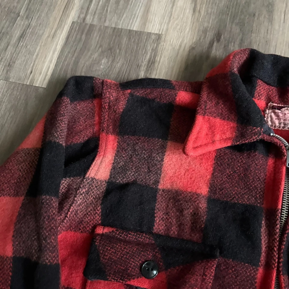 Vintage 1950s Windward Montgomery Ward Wool Buffalo Plaid Jacket Worn Size L - Image 4 of 4