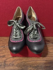 POETIC LICENCE LONDON Black Leather & Gray Wool, Green Ribbon Laced Booties 8.5M