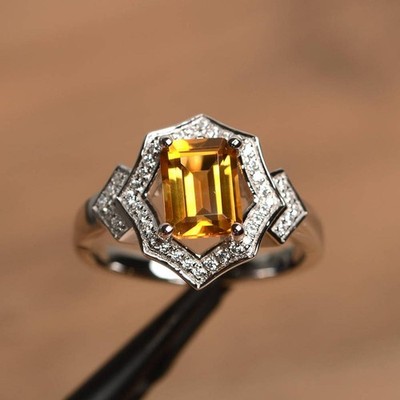 2Ct Emerald Lab Created Citrine Solitaire Engagement Ring 14k White Gold Plated