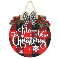 Merry Christmas Decorations Wreath, Buffalo Plaid Hanging Sign Rustic Wooden ...