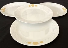 CORELLE 'SPIRAL' 4~10.25" DINNER PLATES YELLOW SPIRALS GREY DOTS ON WHITE HTF