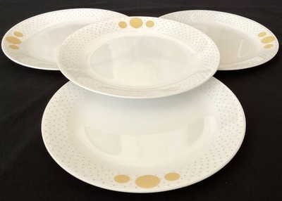 CORELLE 'SPIRAL' 4~10.25'' DINNER PLATES YELLOW SPIRALS GREY DOTS ON WHITE HTF