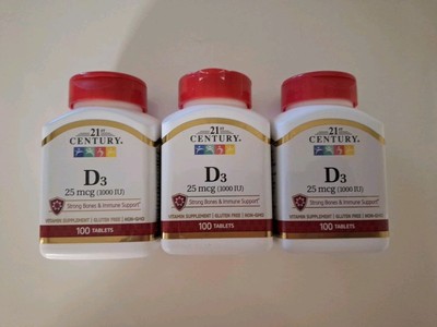 3 Bottles- Century D3 25mcg (1000 IU) 100 Tablets - Immune Support