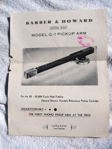 BARBER & HOWARD Model G-1 Tone Arm A Sheet GE VR Cartridge Turntable Tonearm - Picture 2 of 3