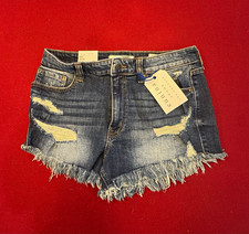 Eunina Lulu High Rise Denim Cut Off Shorts Women s Blue Size M Fringe Pockets
