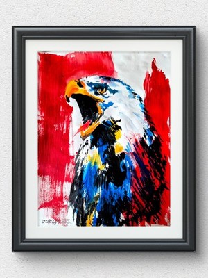 Original Eagle 11x14 Abstract Acrylic Painting Signed Red White Blue Decor P135