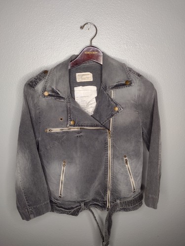 Current/Elliott Women Moto Motorcycle Biker Jean Denim Jacket Gray Distressed UU