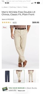L.L.Bean Double L Wrinkle Resistant Chino Pants Flat Front Classic Fit - NWT!